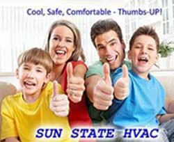 Four people, two adults and two boys, sticking their thumbs up with the captions Cool, Safe, Comfortable - Thumbs-up! and SUN STATE HVAC.