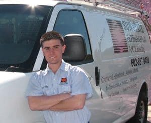 Sean Gresin, co-owner of Sun State HVAC, stands beside a company service van — serving Phoenix’s residential and restaurant clients with leadership rooted in honesty and real HVAC expertise.