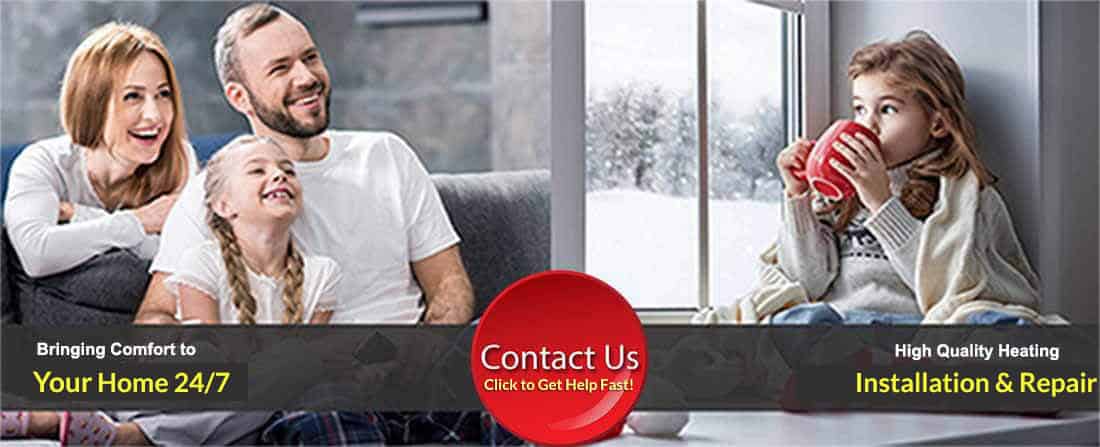 Smiling family on couch and child with hot cocoa on snowy day – comfort at home 24/7