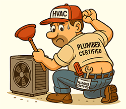 Cartoon plumber squatting in front of an HVAC unit, showing classic plumber’s crack, holding a plunger and looking confused.