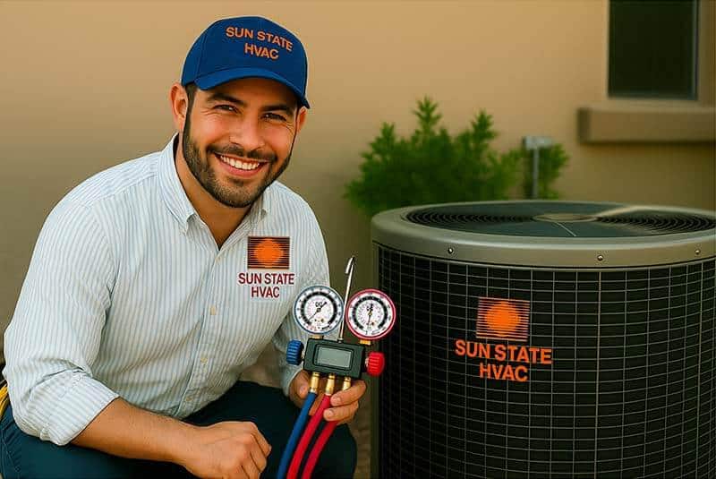 Sun State HVAC technician performing AC repair near me in Phoenix, Arizona beside a residential air conditioner unit.