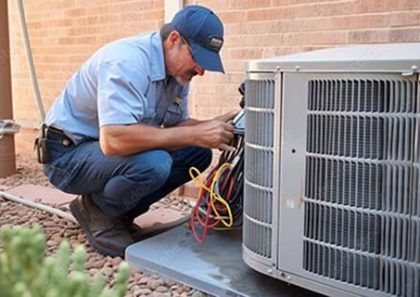 HVAC technician servicing a residential heat pump unit during scheduled maintenance.